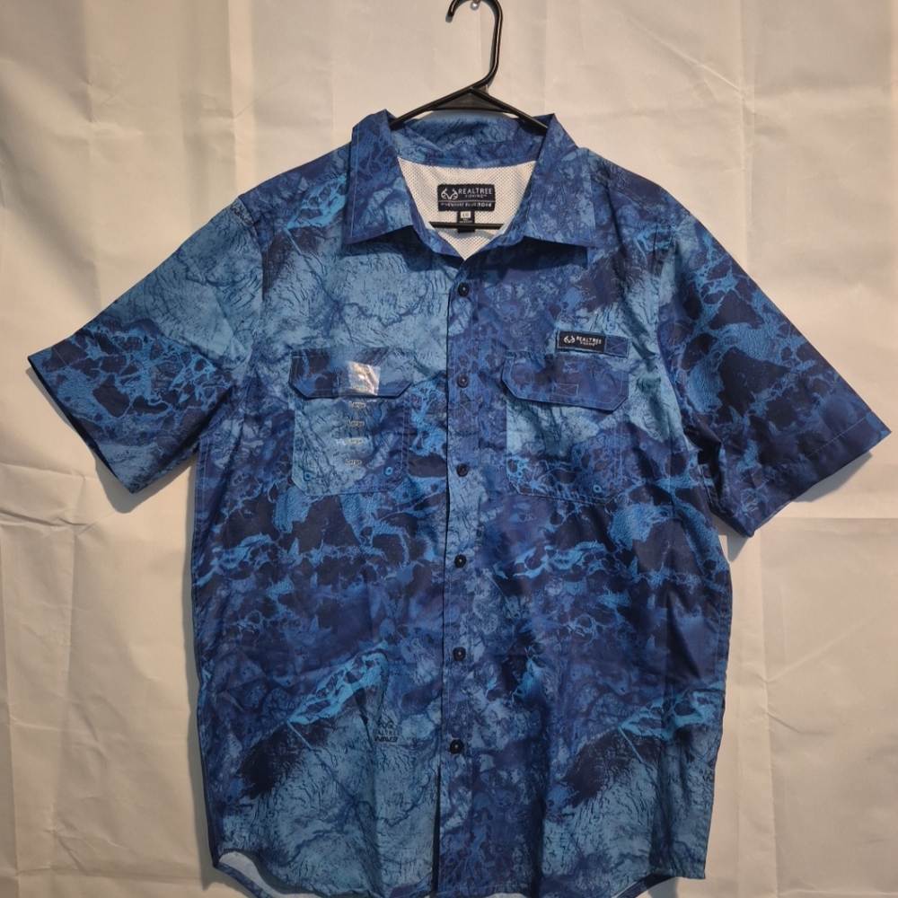 RealtreeMen's Blue Patterned Short Sleeve Shirt Beach ,tropical ,fresh Size L